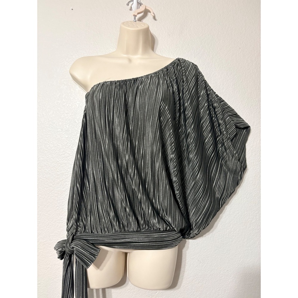 Daytrip Womens Metallic Grey Pleated One Shoulder Batwing Tie Hem Blouse L Large